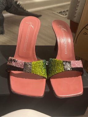 Giuseppe Zanotti Pink Slide Heels with Green Beaded Strap